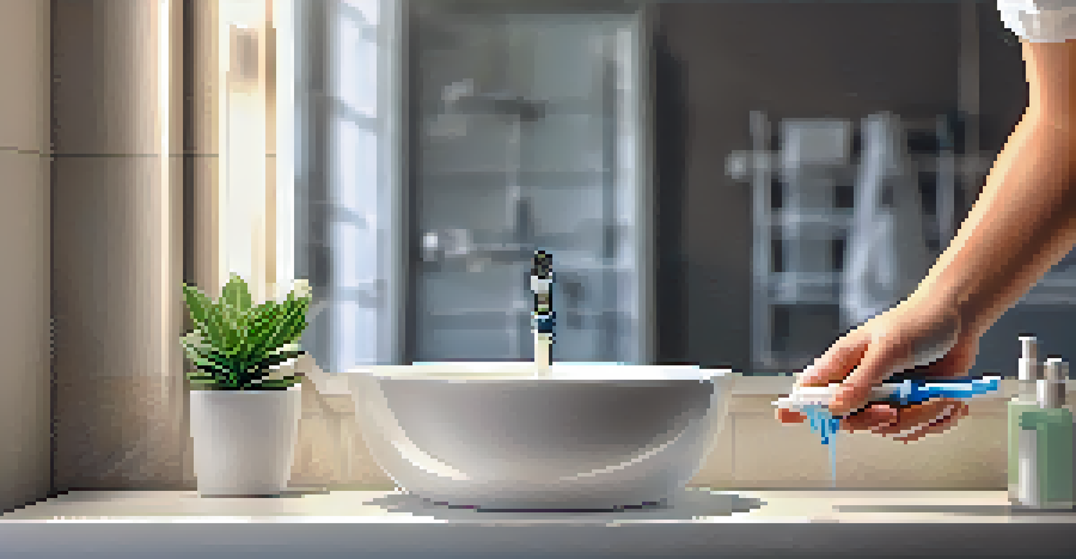 A close-up of hands brushing teeth in a clean bathroom setting with natural light and a small plant, promoting good oral hygiene.