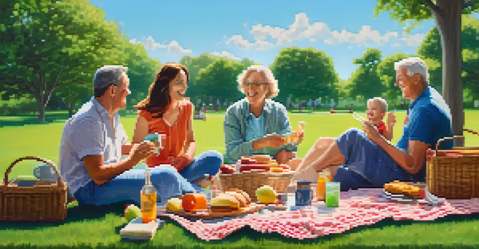 A multi-generational family having a picnic in a sunny park, with food on a blanket and children playing in the background.