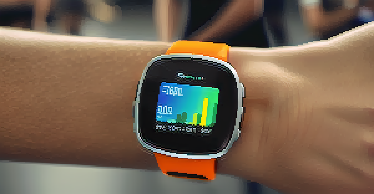 A close-up of a colorful fitness tracker on a wrist, showing heart rate data, with a blurred gym background.