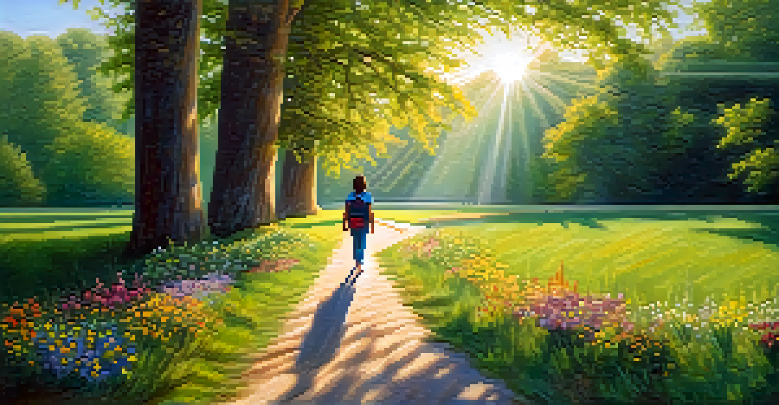 A person walking barefoot on a grassy path surrounded by trees and flowers, enjoying the beauty of nature.