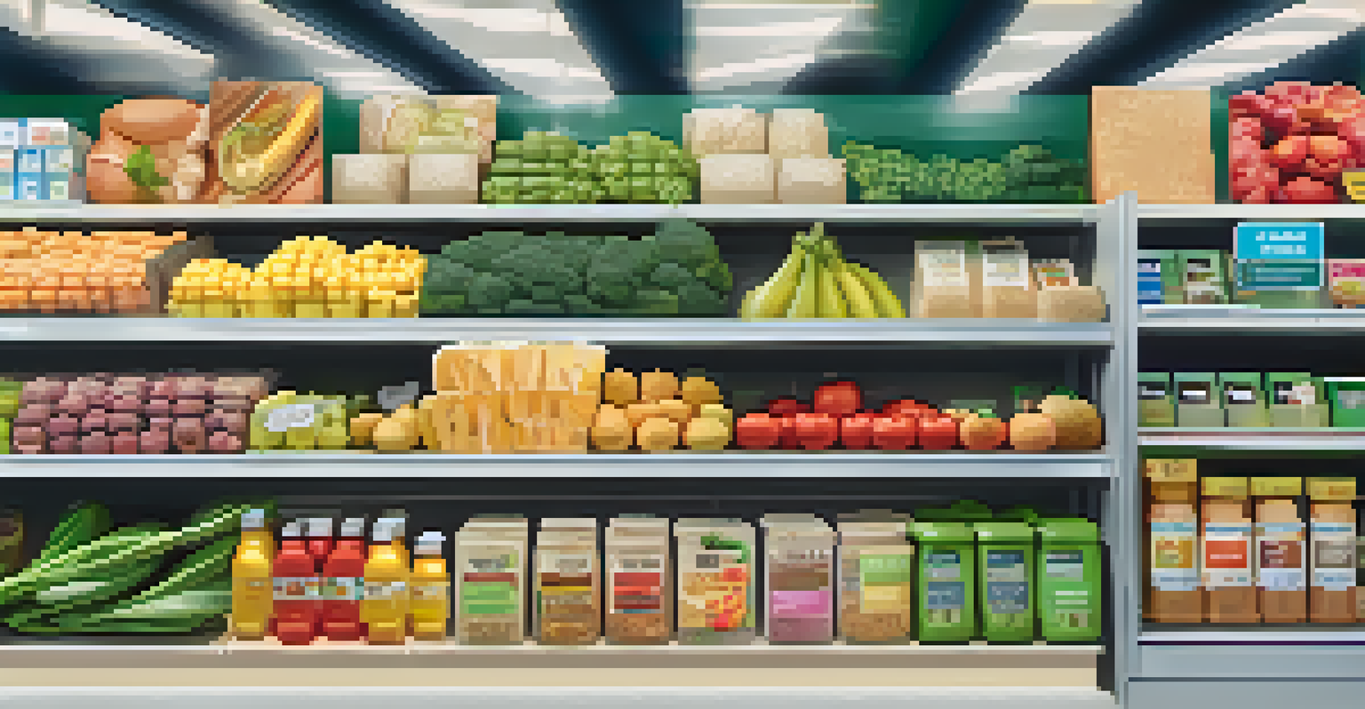 A grocery store display filled with colorful low-GI foods like whole grains, fresh fruits, and vegetables, arranged neatly under natural lighting.