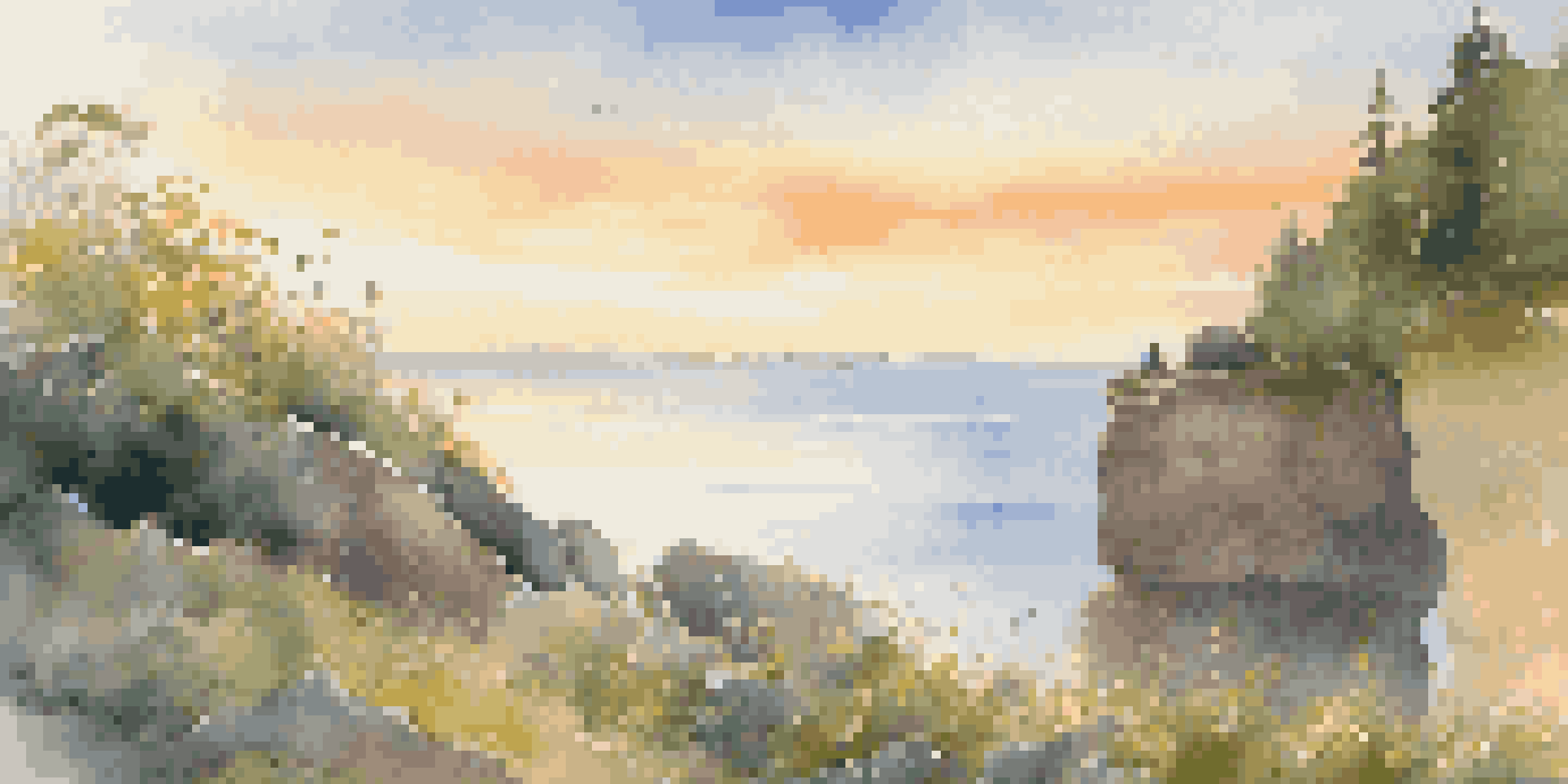 A person meditating on a cliff at sunrise, with golden sky and calm ocean in the background, surrounded by greenery and wildflowers.