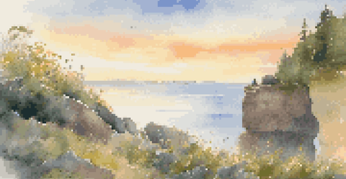 A person meditating on a cliff at sunrise, with golden sky and calm ocean in the background, surrounded by greenery and wildflowers.