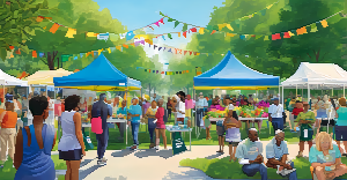 A community health fair in a sunny park with diverse people engaging at colorful booths, featuring a community leader speaking to residents.