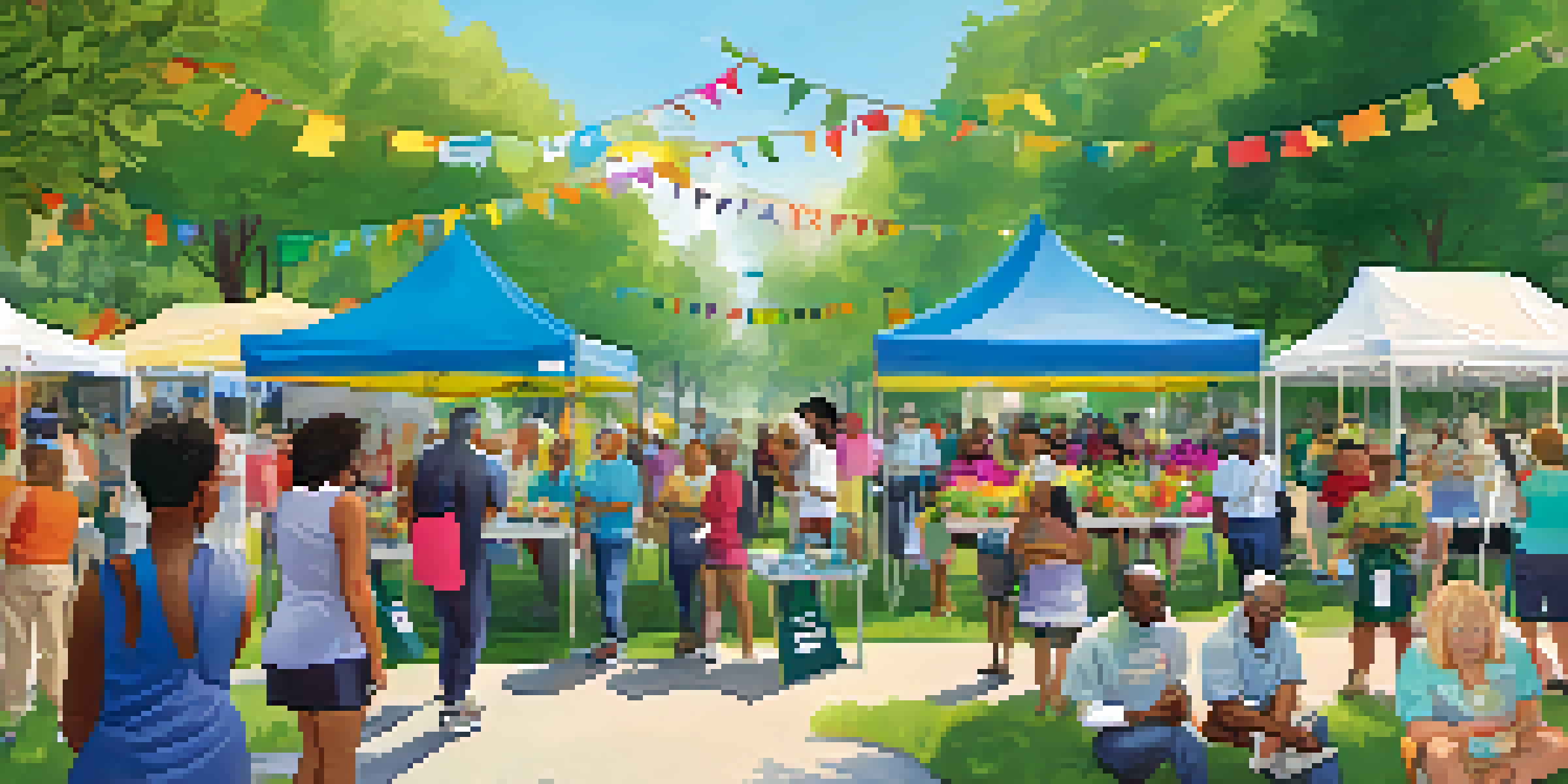A community health fair in a sunny park with diverse people engaging at colorful booths, featuring a community leader speaking to residents.