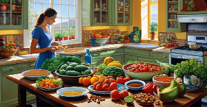 A lively kitchen with a person preparing a Mediterranean meal, featuring colorful vegetables, whole grains, and healthy fats.