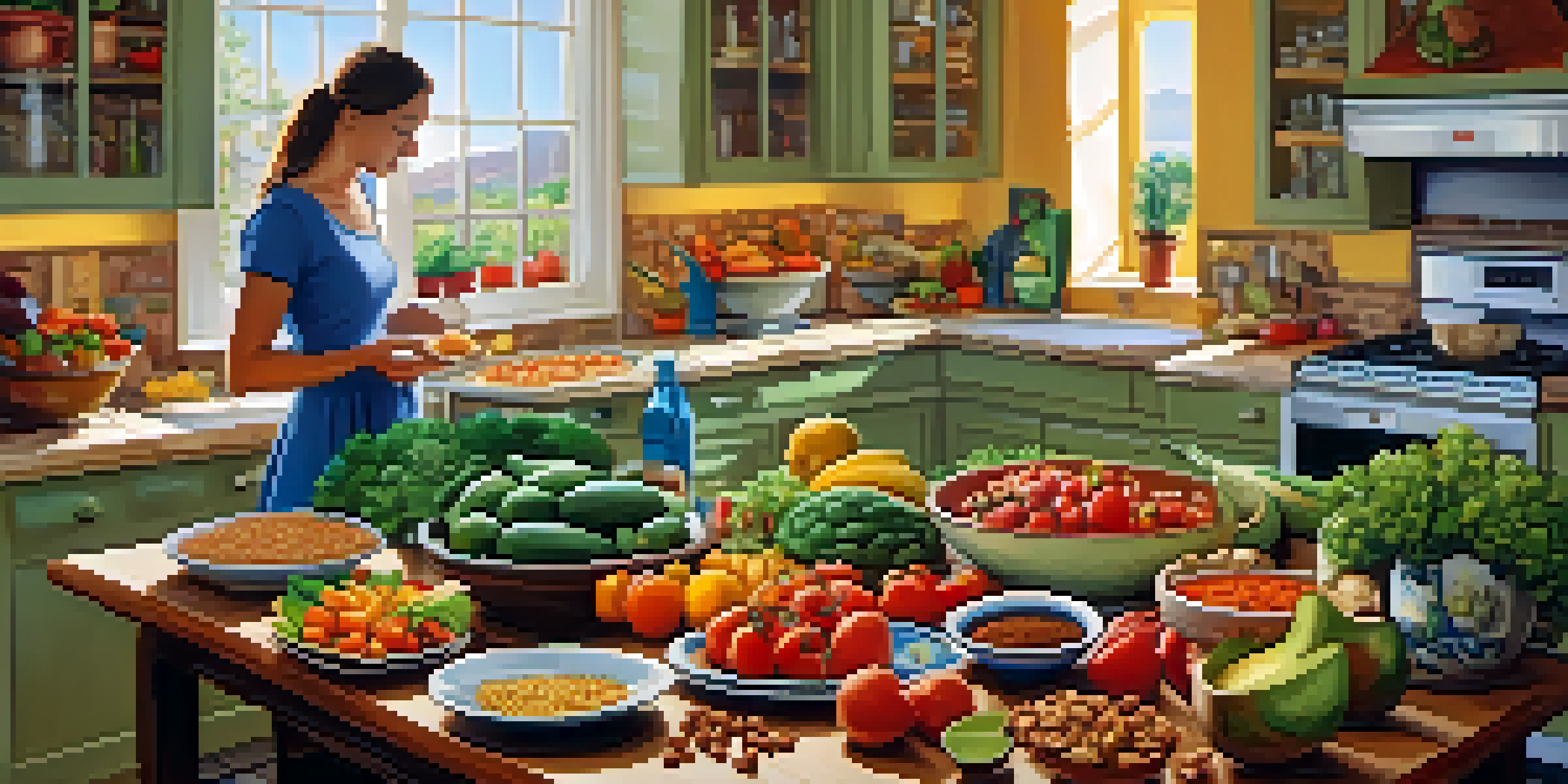 A lively kitchen with a person preparing a Mediterranean meal, featuring colorful vegetables, whole grains, and healthy fats.