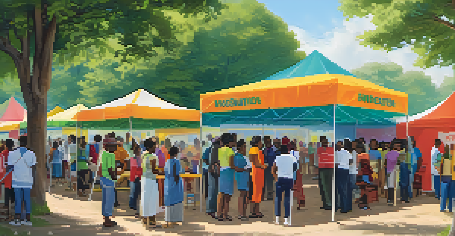 A community vaccination event with diverse individuals in line, colorful tents, and volunteers assisting in an outdoor setting.