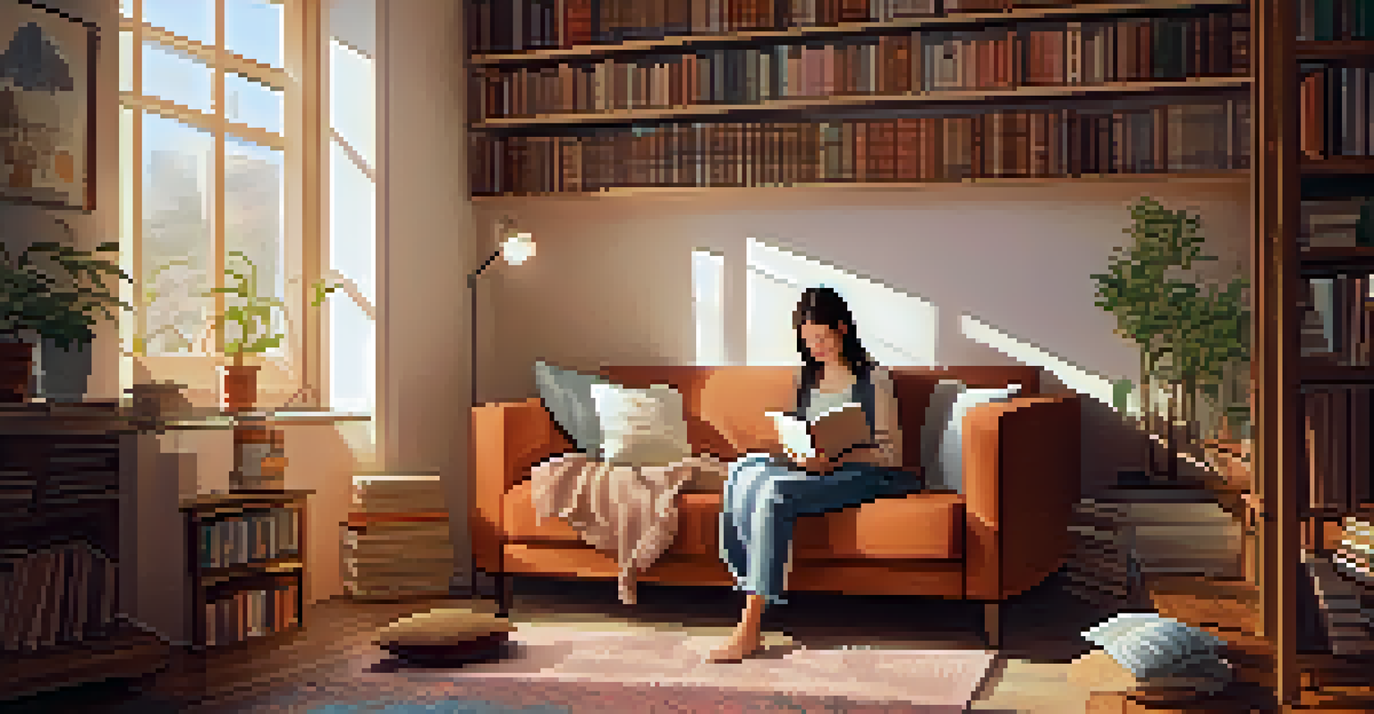 A person enjoying self-care in a cozy room filled with books and cushions, engaging in reading and meditation.