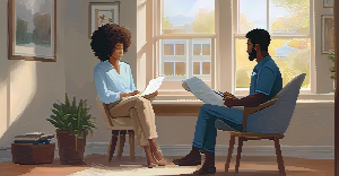 A mental health professional in a cozy office talking to a distressed individual, emphasizing support and empathy.