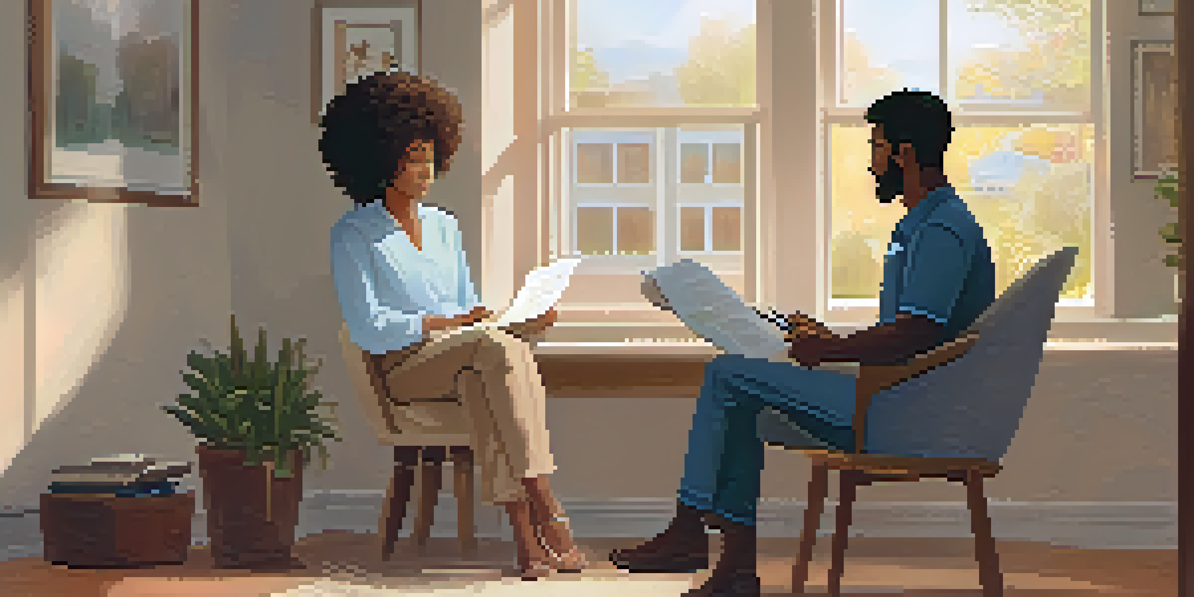 A mental health professional in a cozy office talking to a distressed individual, emphasizing support and empathy.