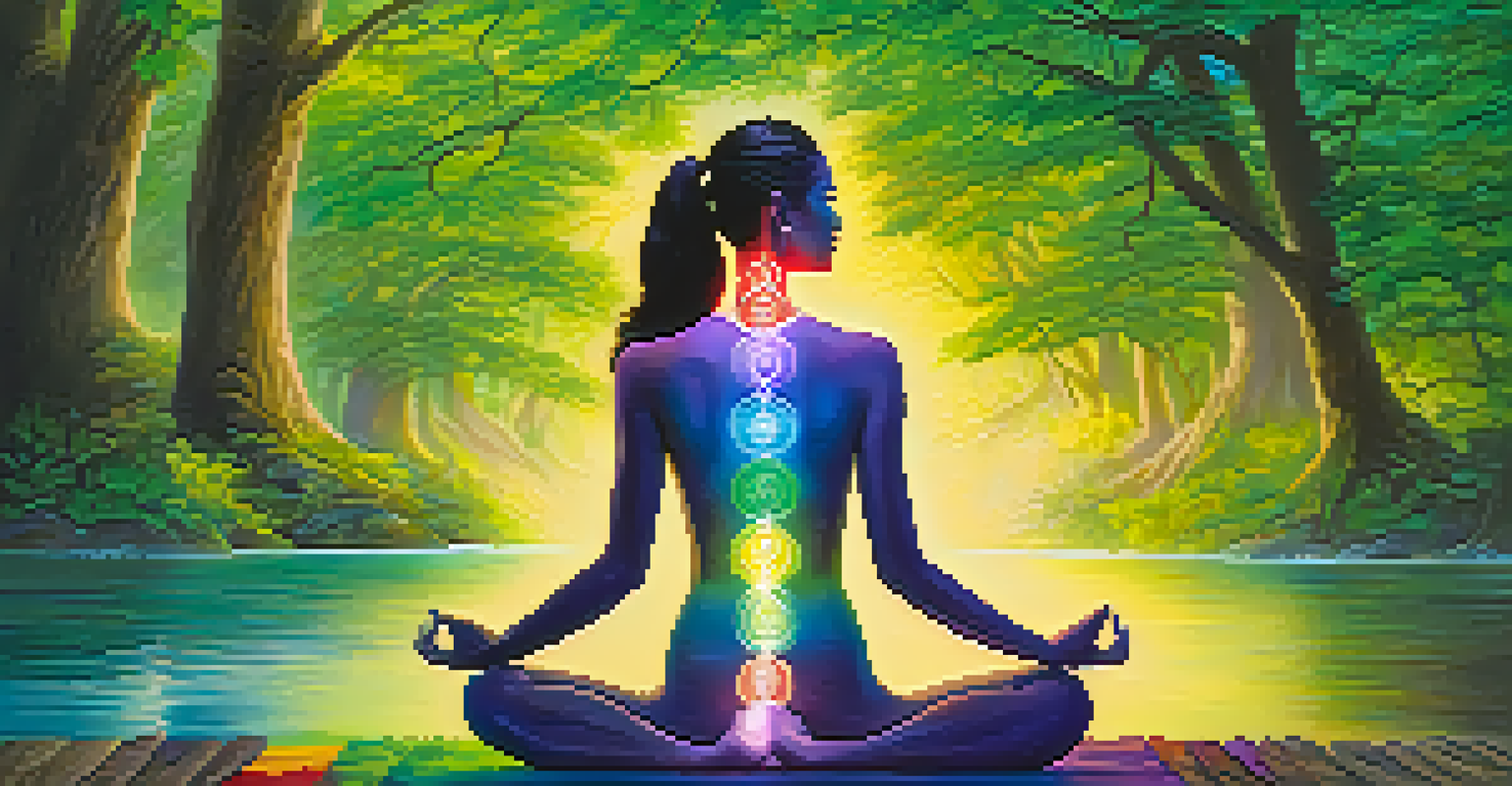 A human figure in a meditative pose with aligned chakras, set in a peaceful natural environment.