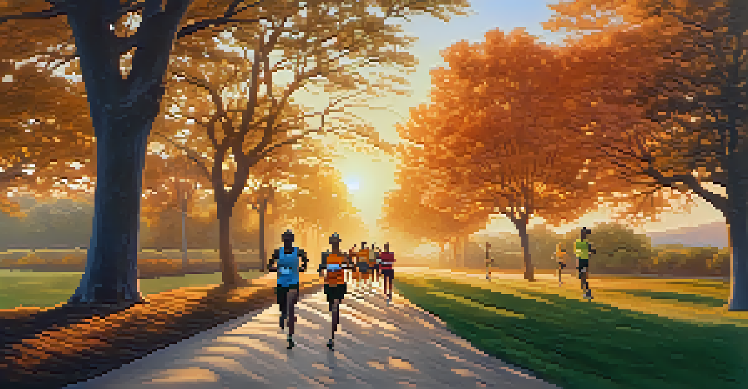 A diverse group of runners jogging in a scenic outdoor setting during sunrise, with a colorful sky and trees in the background.