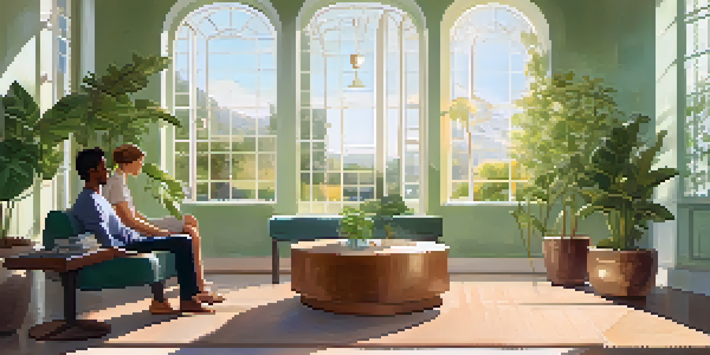 A wellness coaching session with a coach and client discussing a Wellness Wheel chart in a bright and calming room.