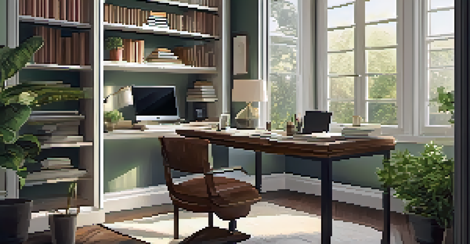 A cozy home office with a desk, laptop, and plants, illuminated by natural light from a window, alongside a reading nook with a chair and bookshelves.