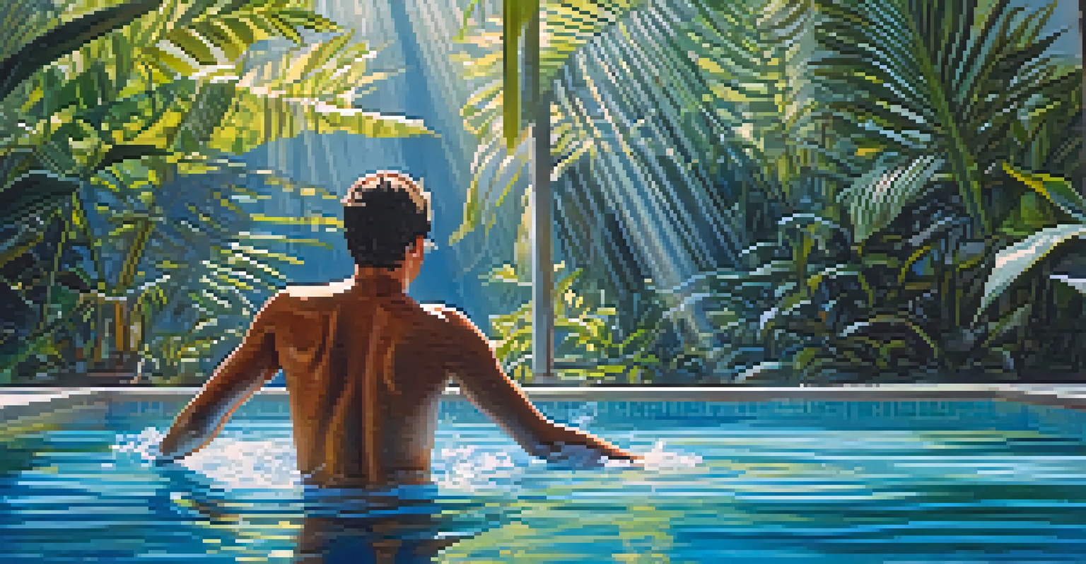 A peaceful image of a person swimming in a clear blue pool, surrounded by tropical plants, with sunlight sparkling on the water's surface.