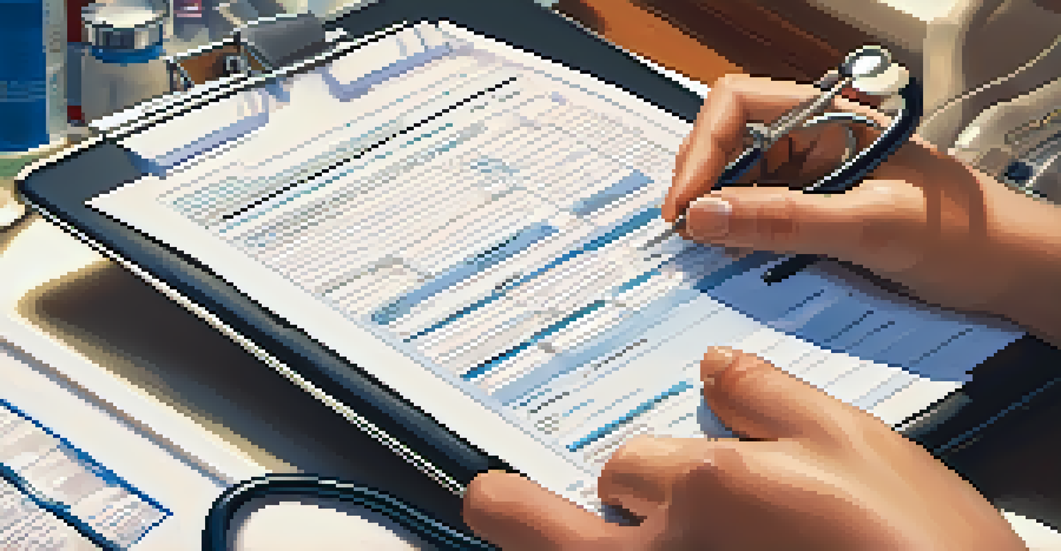 A close-up of a doctor's hand holding a clipboard with health records, a stethoscope, and a computer in the background.