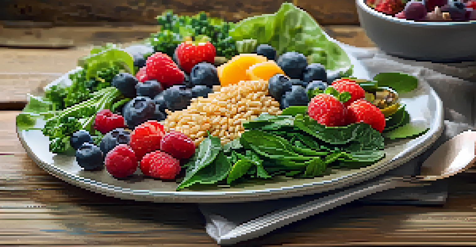 A colorful plate of healthy foods for CKD patients, including berries, leafy greens, and whole grains, arranged on a wooden table with natural light.