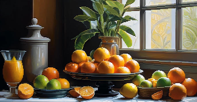 A wooden table with vibrant citrus fruits like oranges, lemons, and grapefruits, bathed in soft morning light with a diffuser nearby.