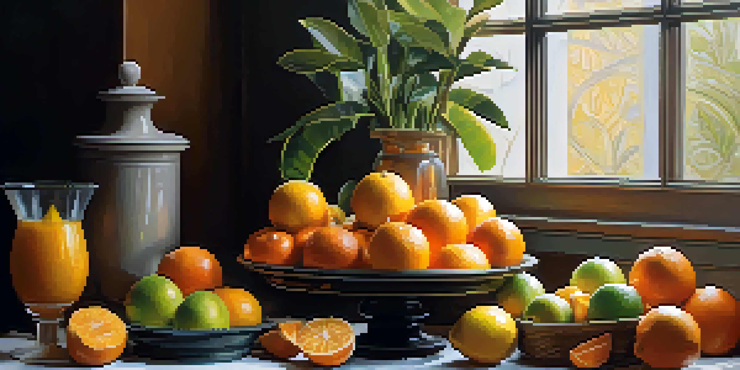 A wooden table with vibrant citrus fruits like oranges, lemons, and grapefruits, bathed in soft morning light with a diffuser nearby.