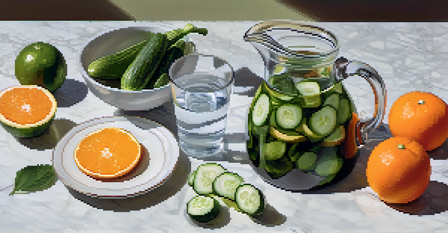 A flat lay of hydrating foods like cucumbers and oranges next to a pitcher of water on a marble countertop.