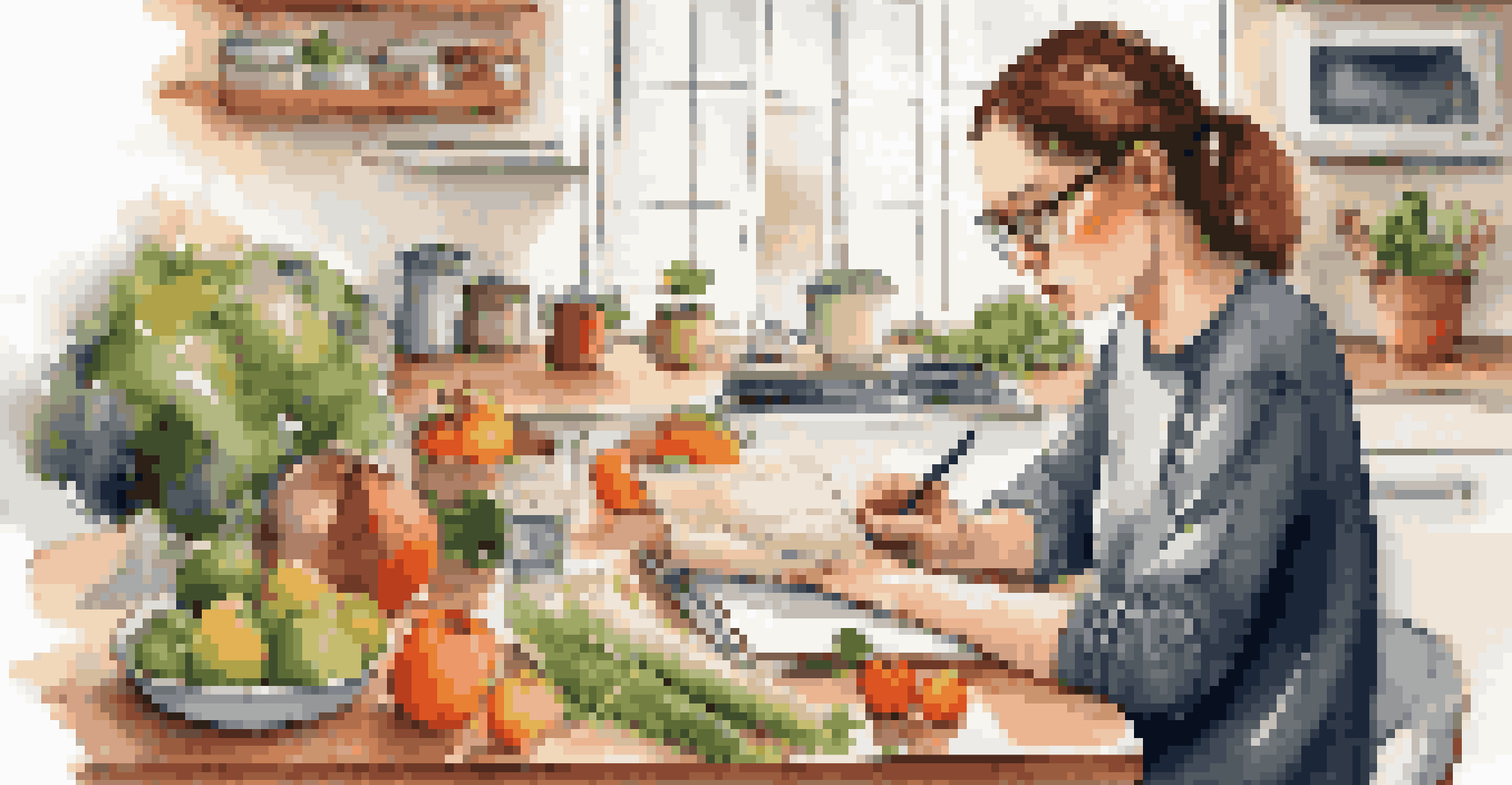 A person writing in a food diary at a kitchen table surrounded by fresh ingredients, illuminated by natural light.