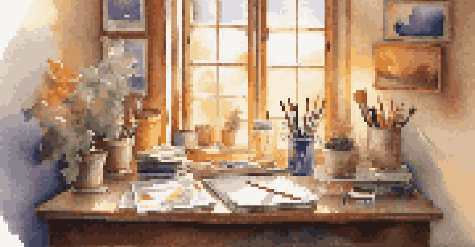 An artist's workspace with a canvas and paintbrushes, illuminated by warm golden hour light, showcasing creativity.