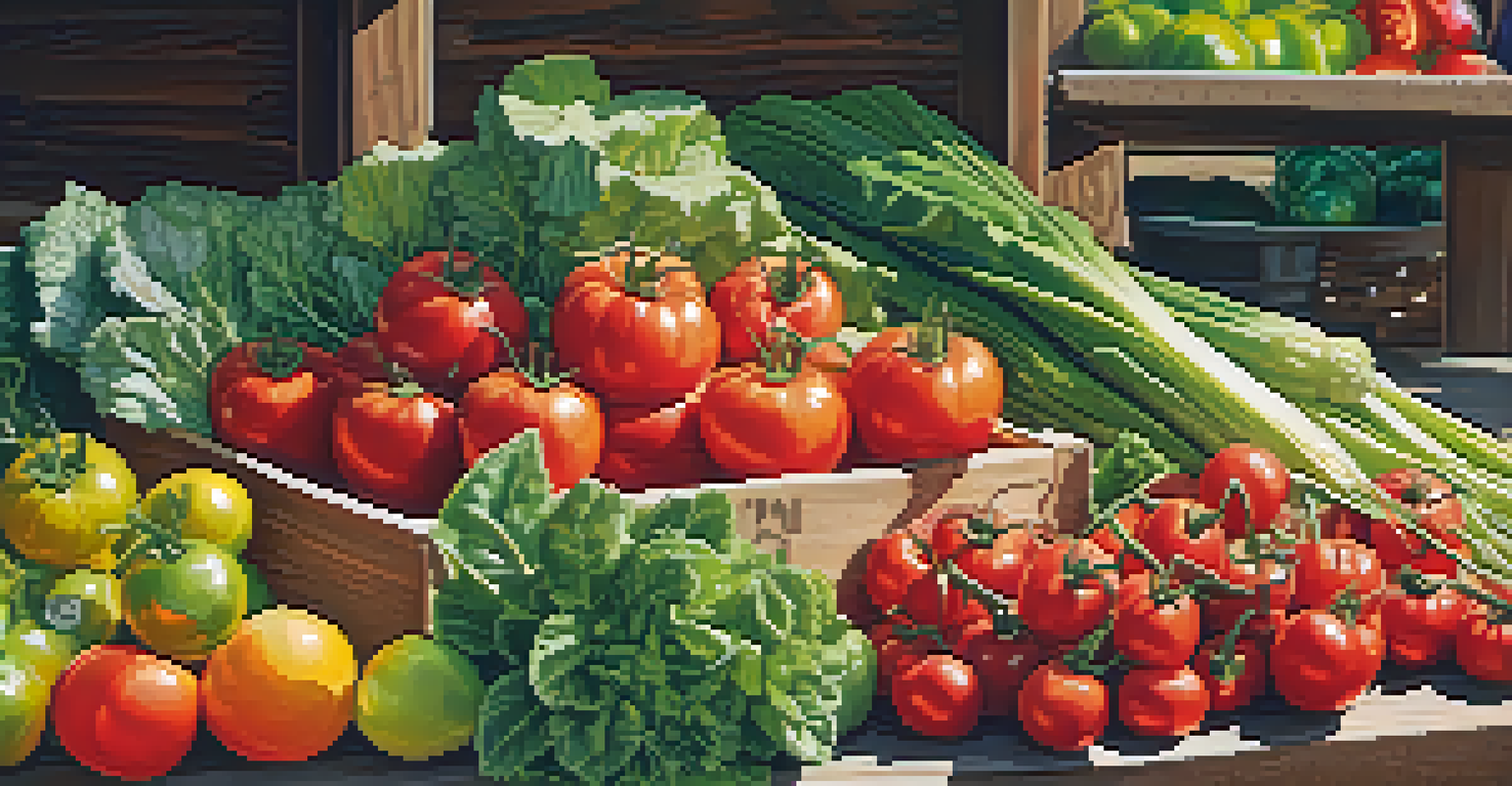 A farmer's market stall filled with fresh organic vegetables and fruits, with rustic wooden displays and bright sunlight enhancing the colors.