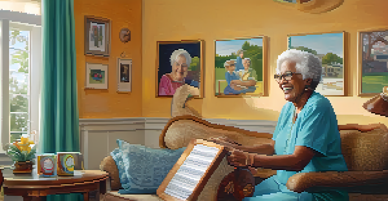 An elderly woman singing during a music therapy session, surrounded by nostalgic decorations and a supportive therapist.
