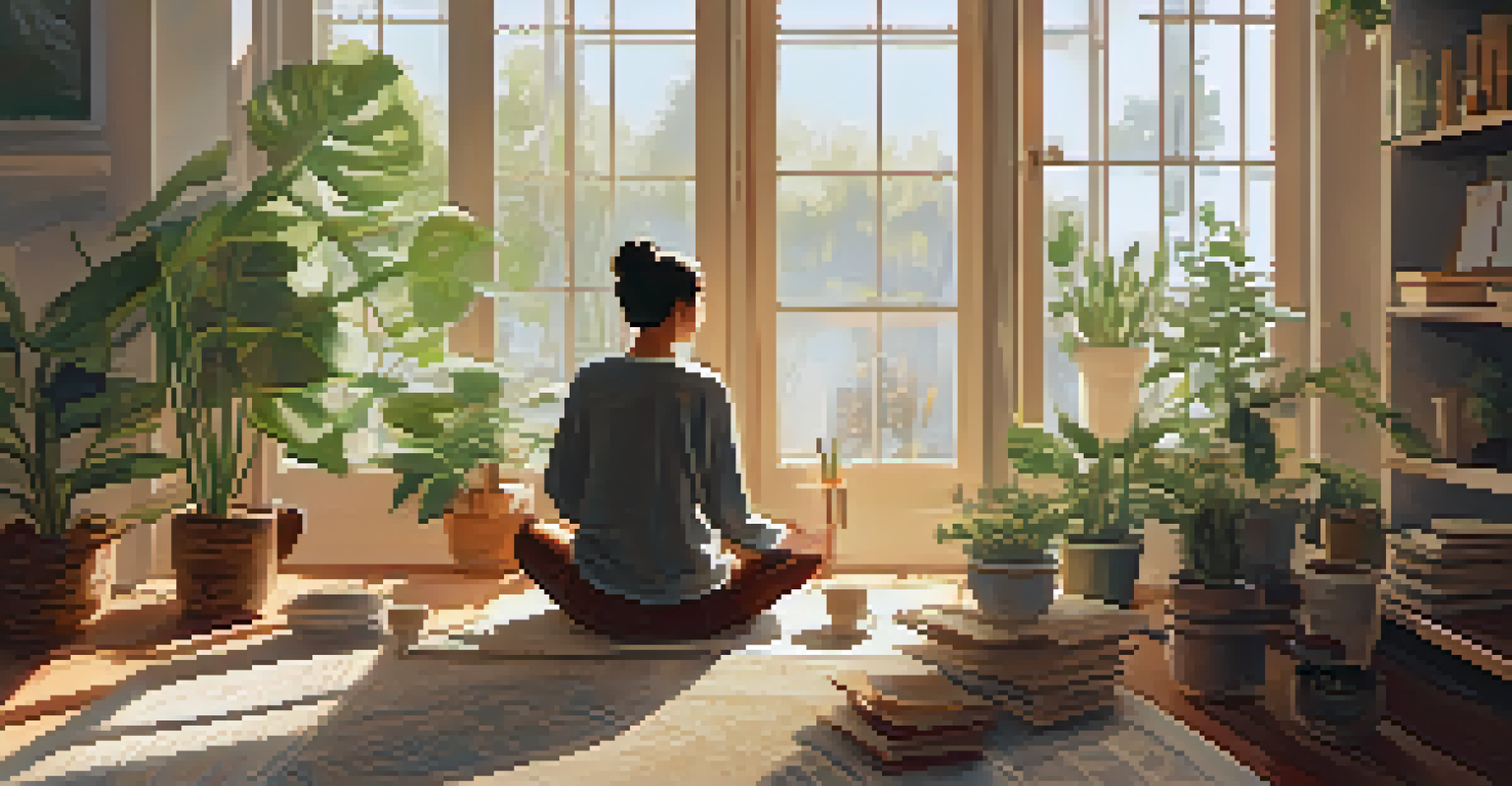 An indoor mindfulness practice scene with a person sitting calmly on a rug, surrounded by plants and candles.