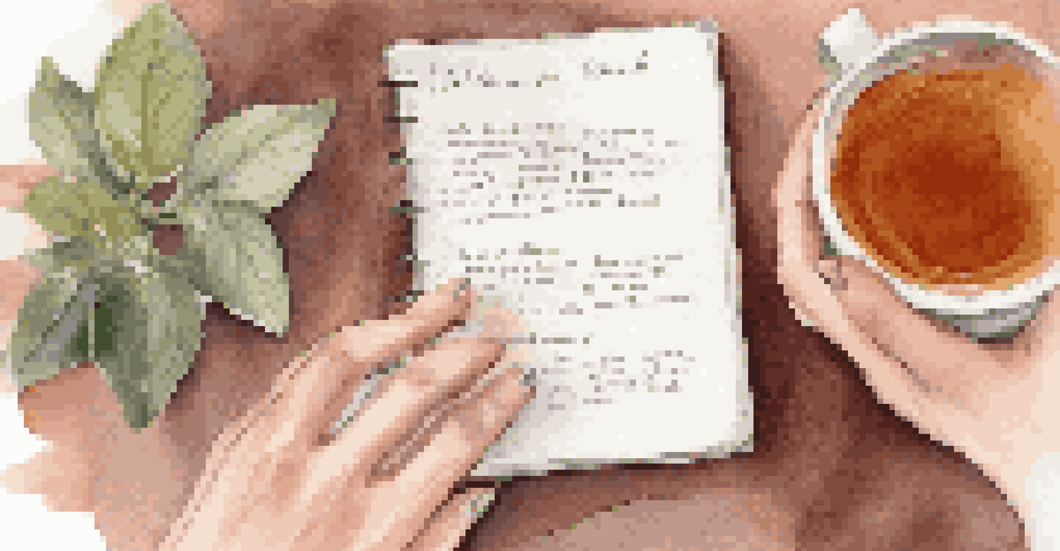 A close-up of hands holding a wellness plan notebook with herbal tea in the background, reflecting a focus on personal wellness and coaching.