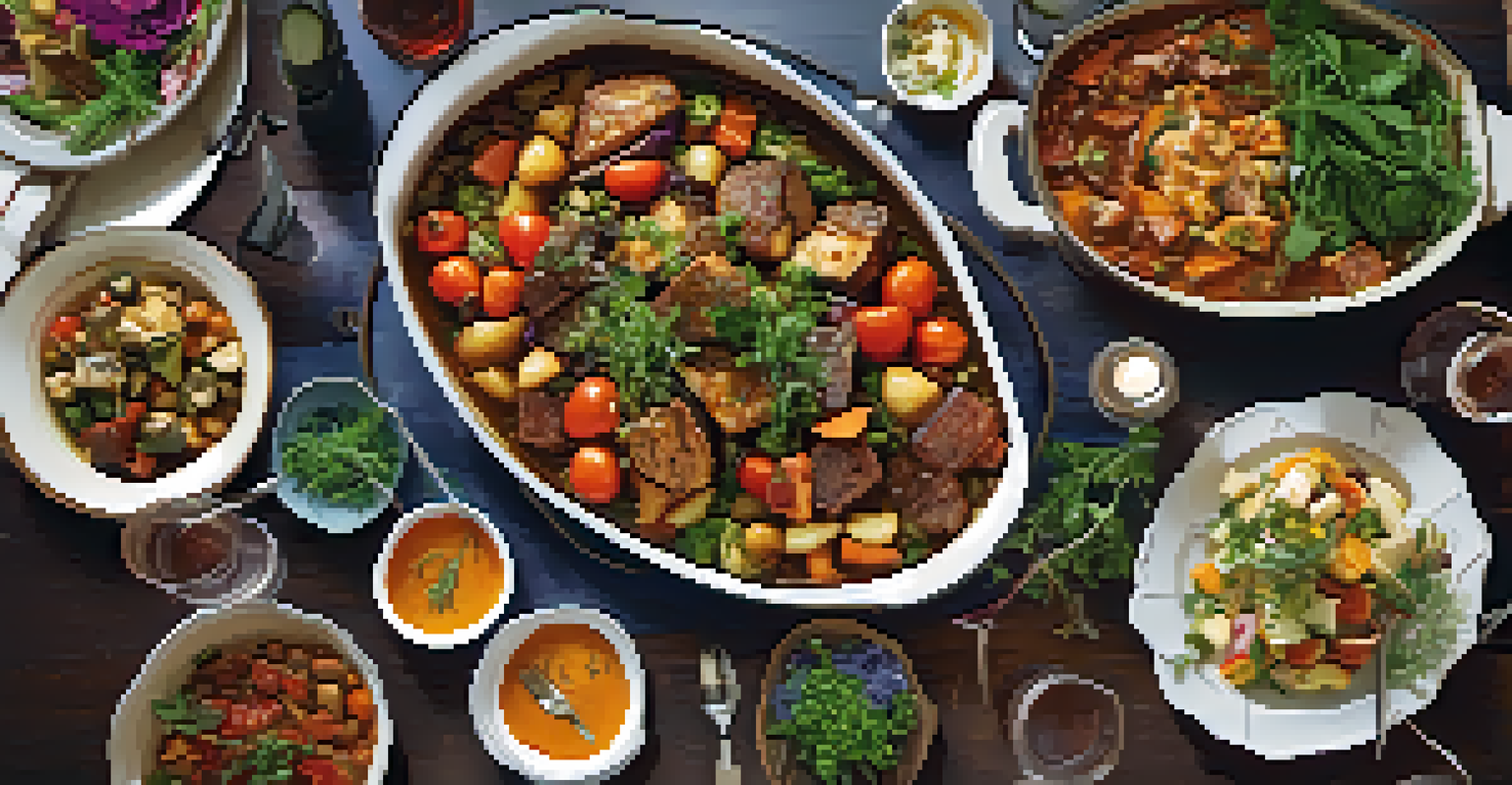 An overhead view of a dinner table filled with vibrant home-cooked dishes and a floral centerpiece, creating a warm dining atmosphere.