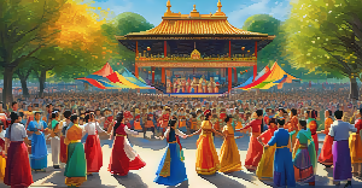 Participants in traditional clothing performing a dance at a cultural festival in a park, with an engaged audience.
