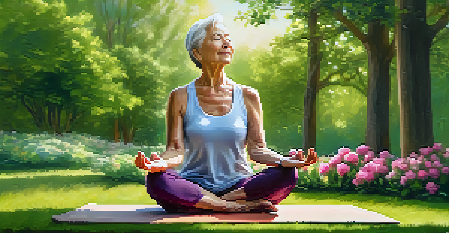 A senior woman practicing yoga in a green park, surrounded by trees and flowers, with morning sunlight casting a warm glow.