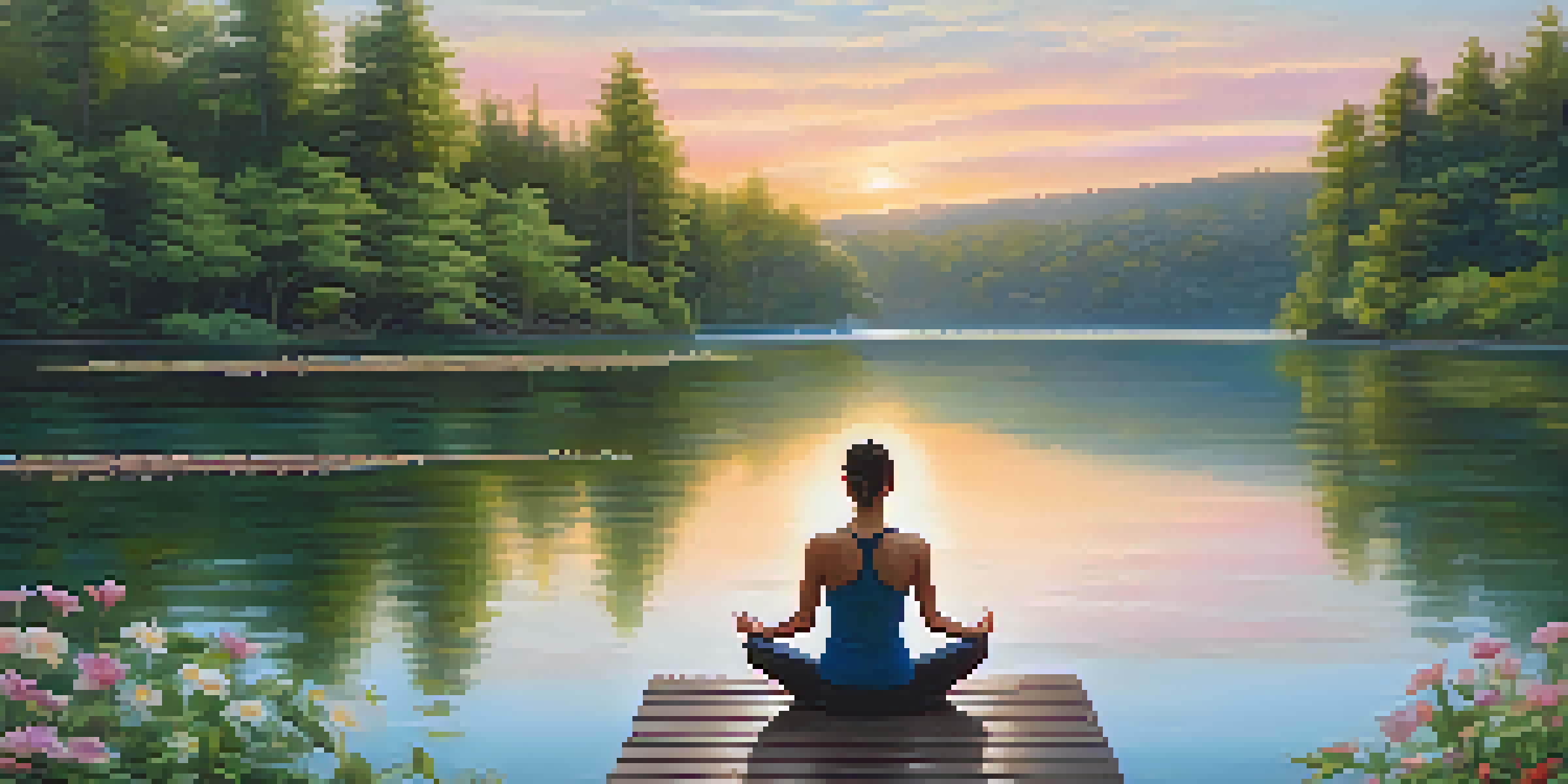 A person practicing yoga on a dock at sunrise, reflecting self-compassion in a serene landscape.