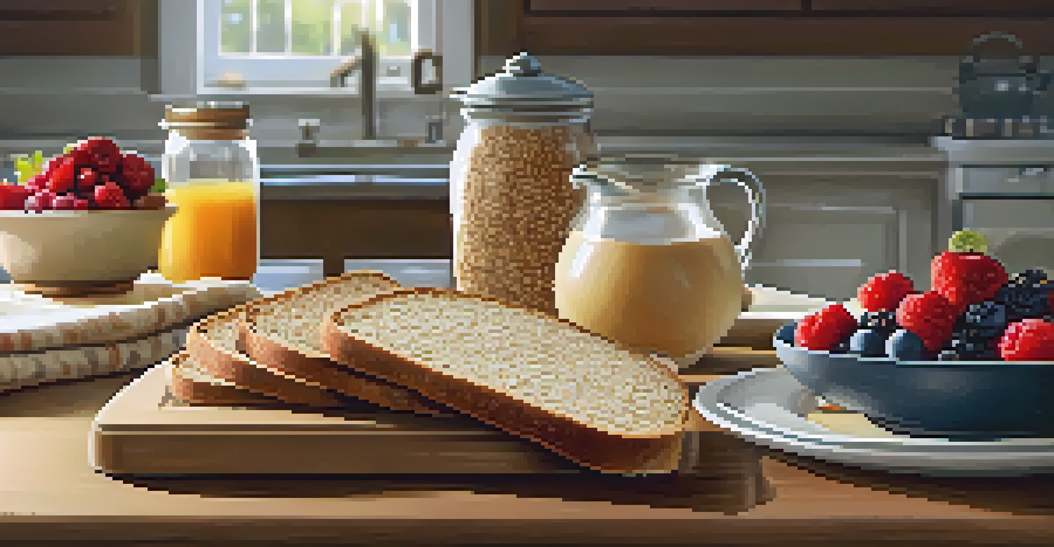 A cozy kitchen scene featuring whole grain bread, oatmeal with berries, and a plate of sliced fruits on a cutting board.