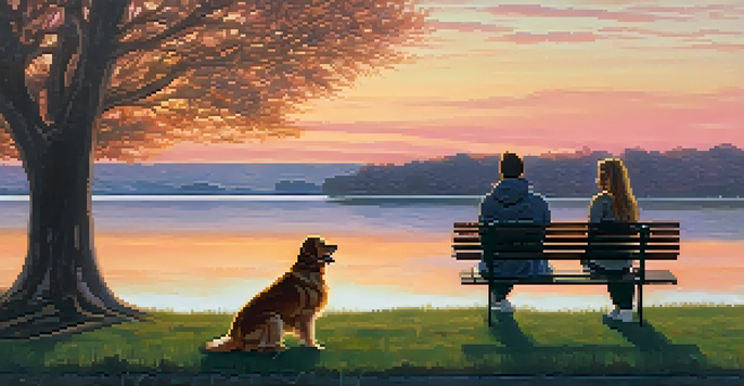 A golden retriever sitting beside a person on a park bench at sunset, conveying companionship and tranquility.