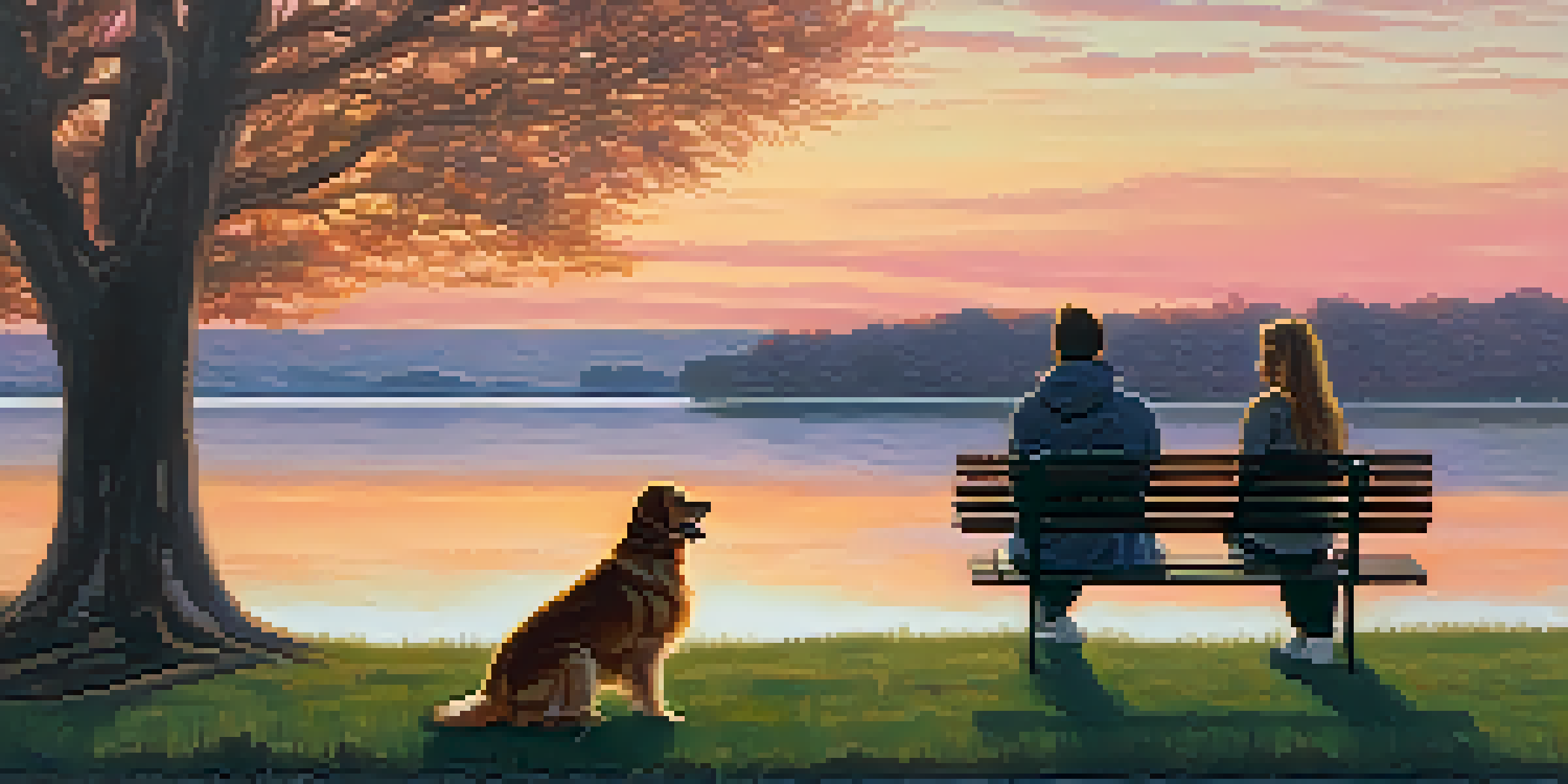 A golden retriever sitting beside a person on a park bench at sunset, conveying companionship and tranquility.