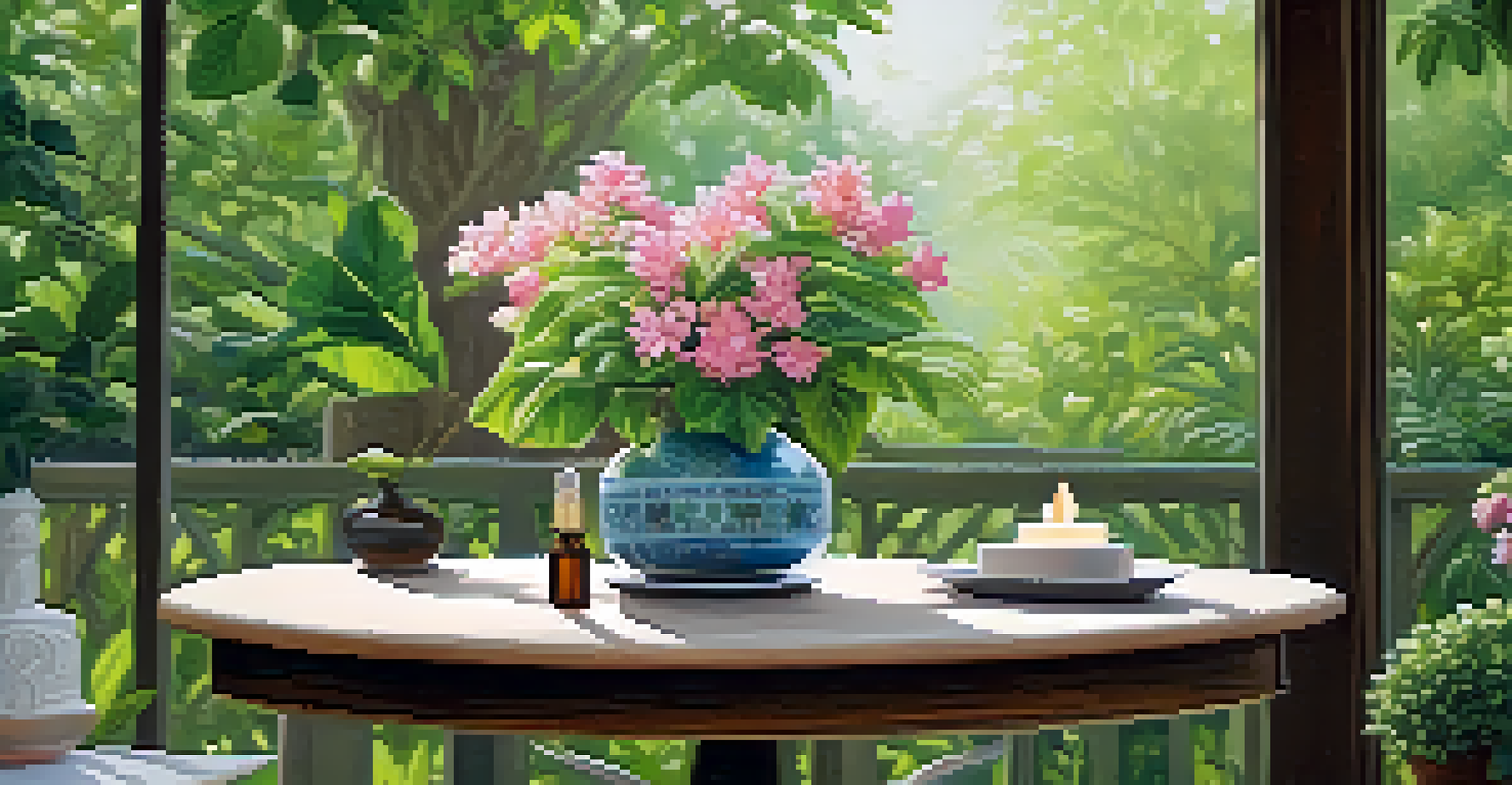 An outdoor setting with a diffuser on a table, surrounded by greenery and flowers, evoking tranquility.
