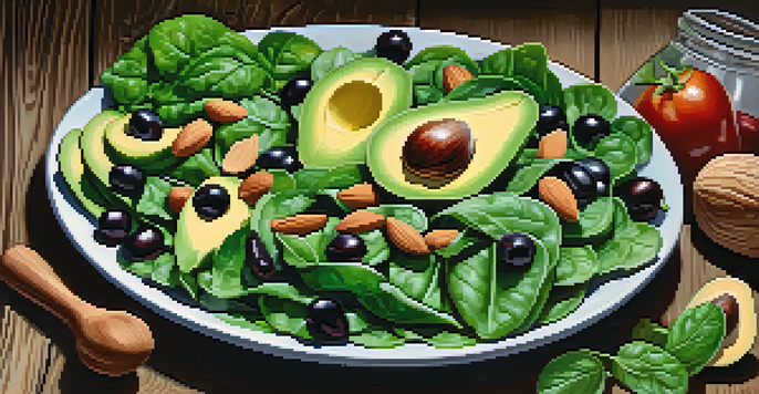 A colorful arrangement of magnesium-rich foods such as spinach, almonds, black beans, and avocados on a wooden table, illuminated by soft sunlight.
