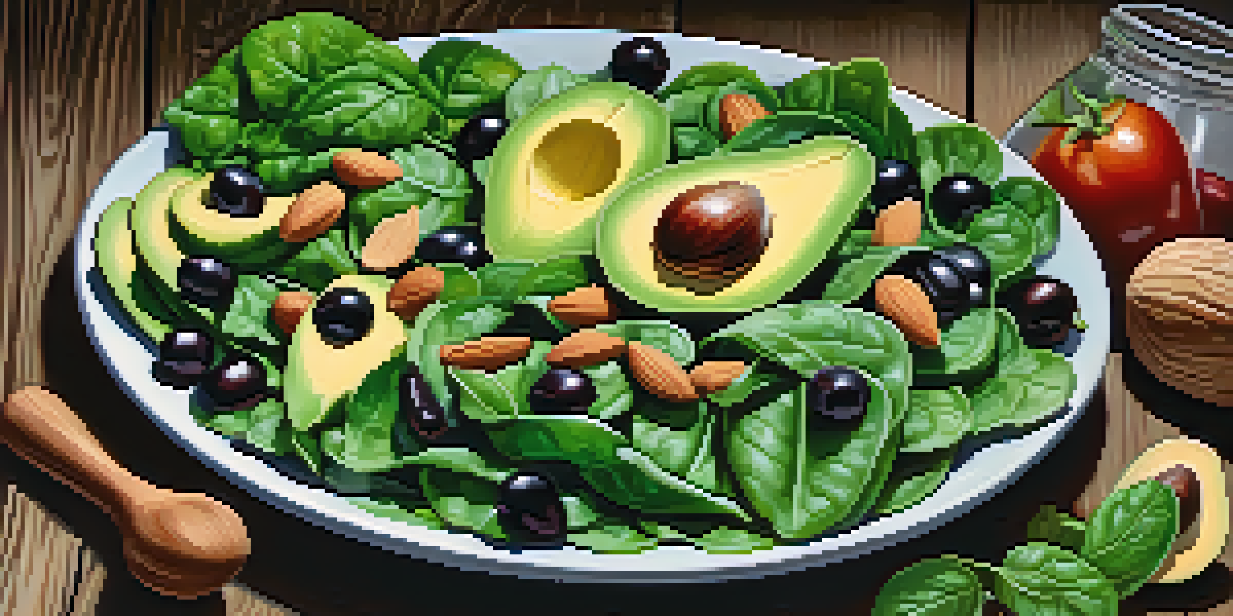 A colorful arrangement of magnesium-rich foods such as spinach, almonds, black beans, and avocados on a wooden table, illuminated by soft sunlight.