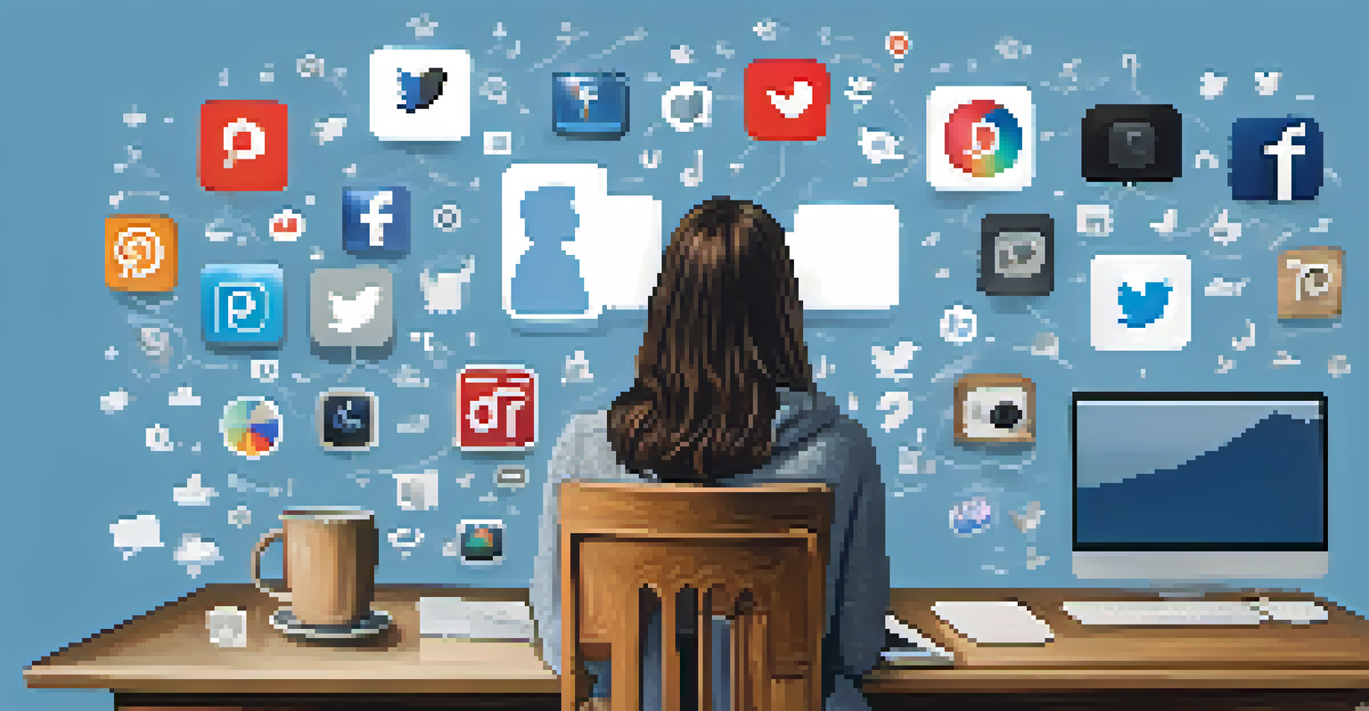 A person at a desk looking thoughtful, with social media icons floating above in a soft blue background.