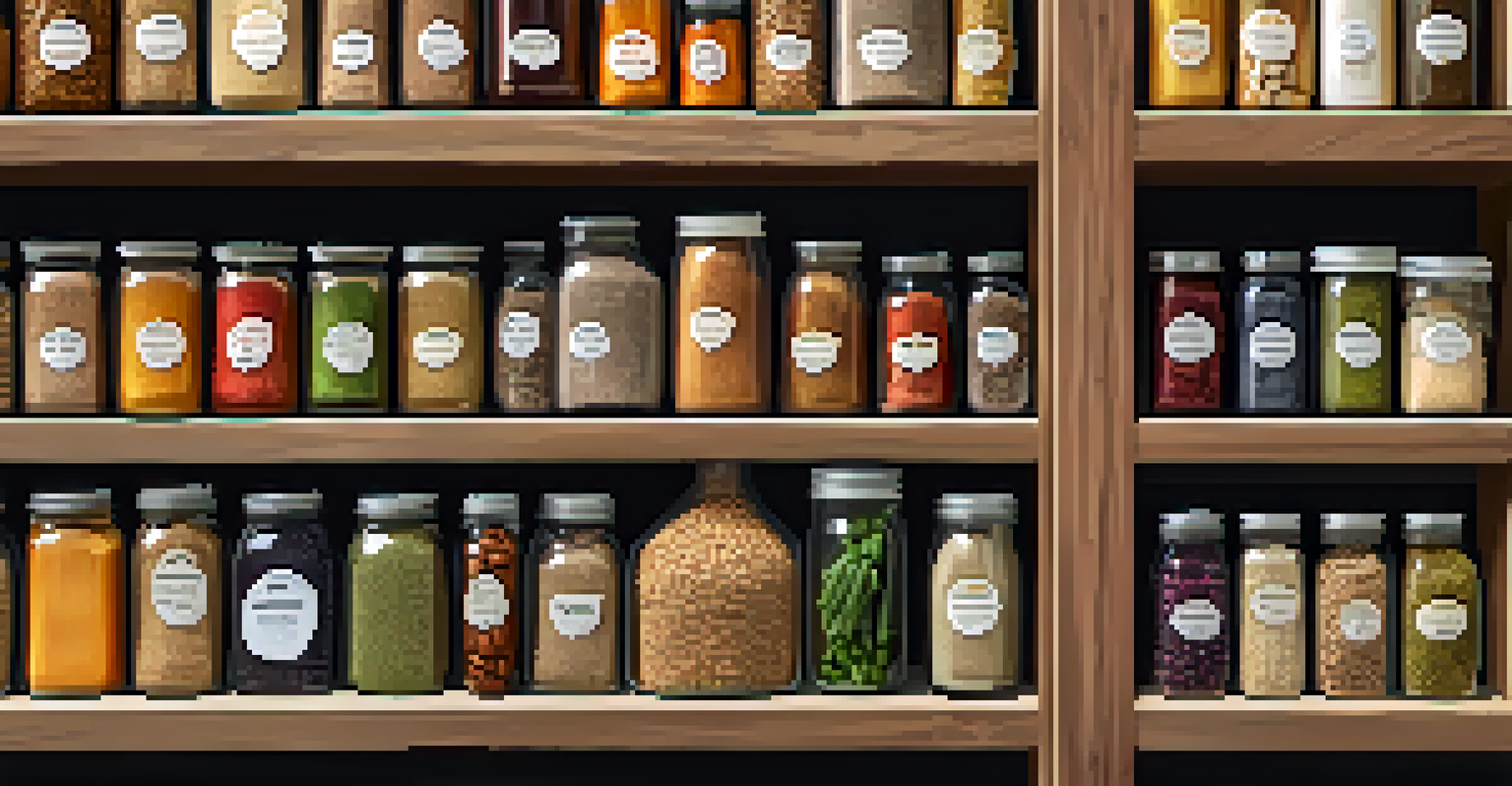 A top-down view of a well-stocked pantry filled with whole foods, including jars of grains, seeds, nuts, and fresh produce.