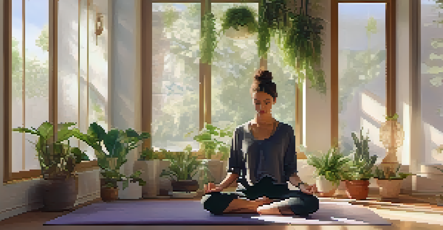 A person meditating in a sunlit room surrounded by plants, looking serene.
