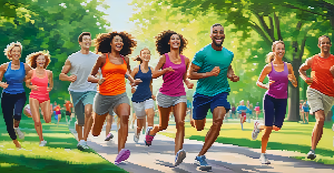 A group of friends exercising in a park, engaging in jogging and playing frisbee amidst greenery and flowers.