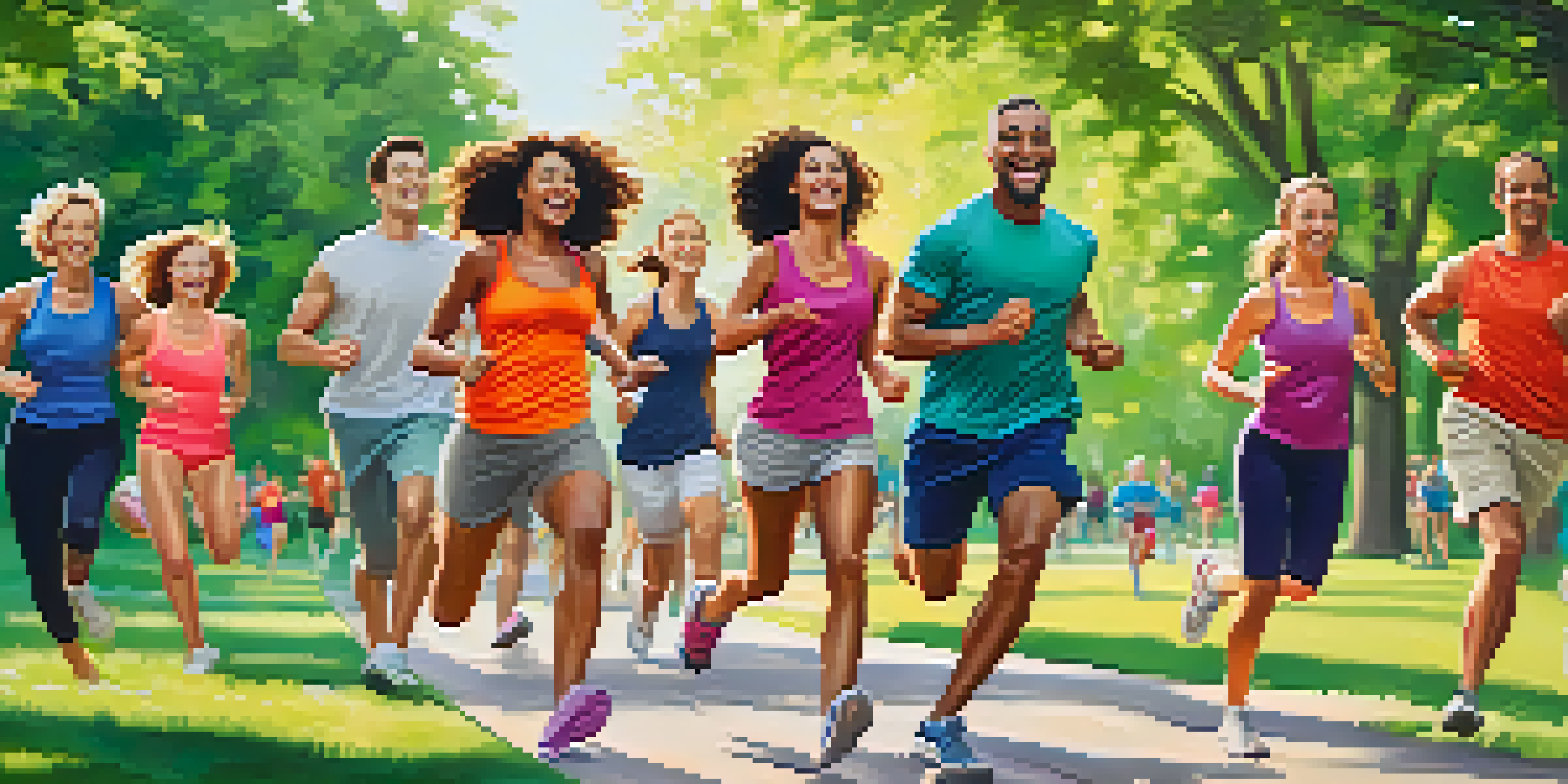 A group of friends exercising in a park, engaging in jogging and playing frisbee amidst greenery and flowers.
