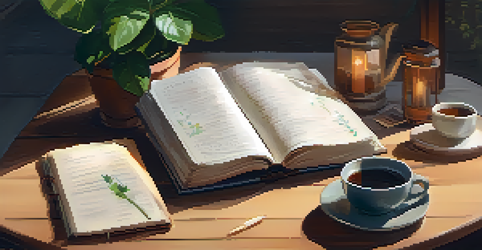 An open journal with notes about thoughts and affirmations, a mug of tea nearby, symbolizing mindfulness and self-reflection.