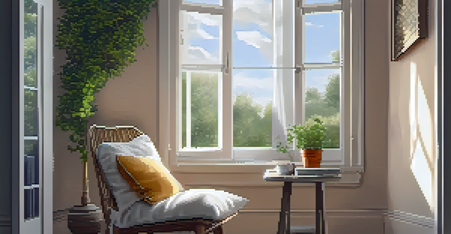 A cozy reading nook with a chair, blanket, chamomile tea, and bergamot oil, illuminated by soft, natural light, creating a relaxing atmosphere.