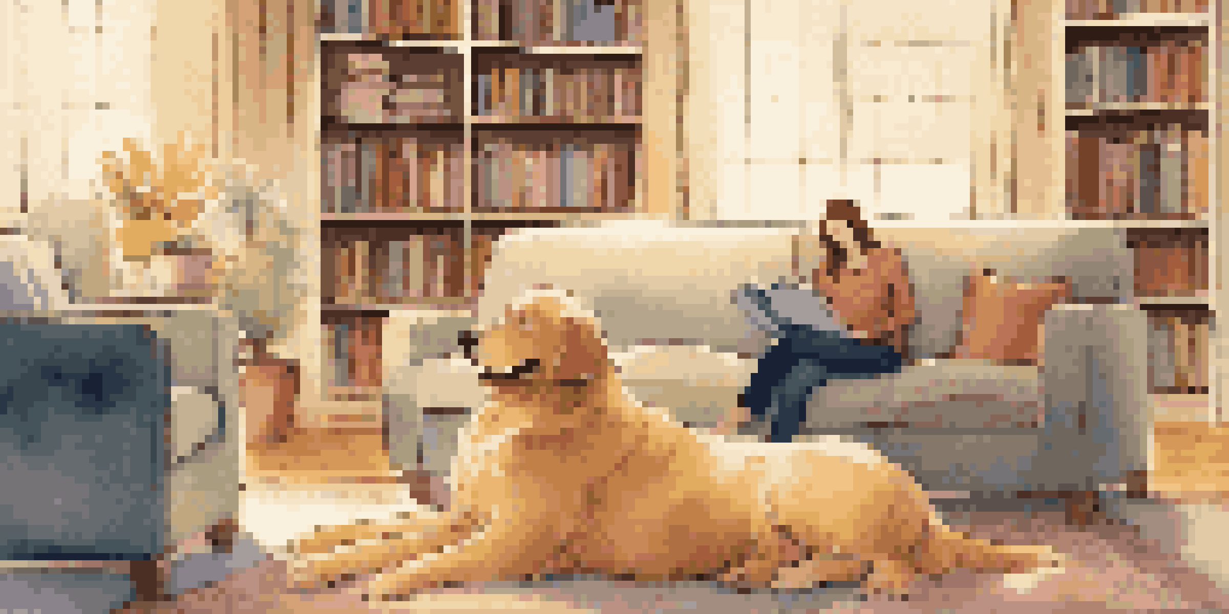 A cozy therapy room with a Golden Retriever lying beside a relaxed person on a sofa, warm lighting, and colorful cushions.