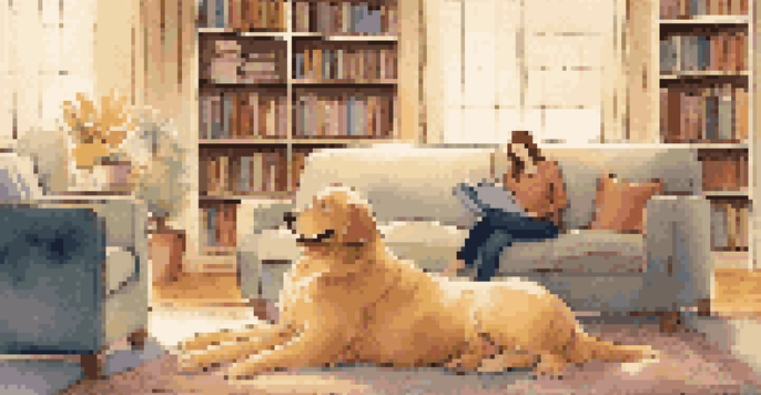 A cozy therapy room with a Golden Retriever lying beside a relaxed person on a sofa, warm lighting, and colorful cushions.